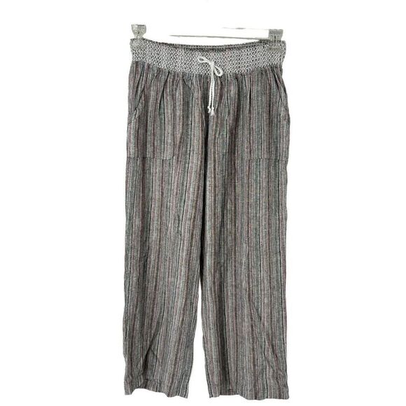 Christopher Banks Wide Leg Pants Crop Linen Blend Size L Elastic Waist Striped - Picture 1 of 10